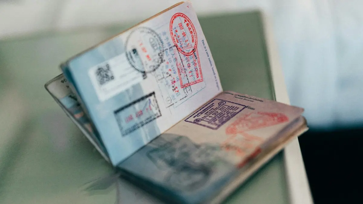 Sayfalarında giriş ve çıkış damgaları bulunan açık bir pasaport