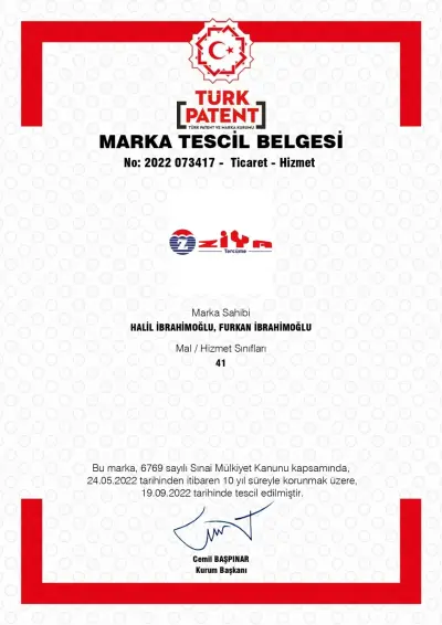 Ziya Tercüme Marka Tescil Belgesi